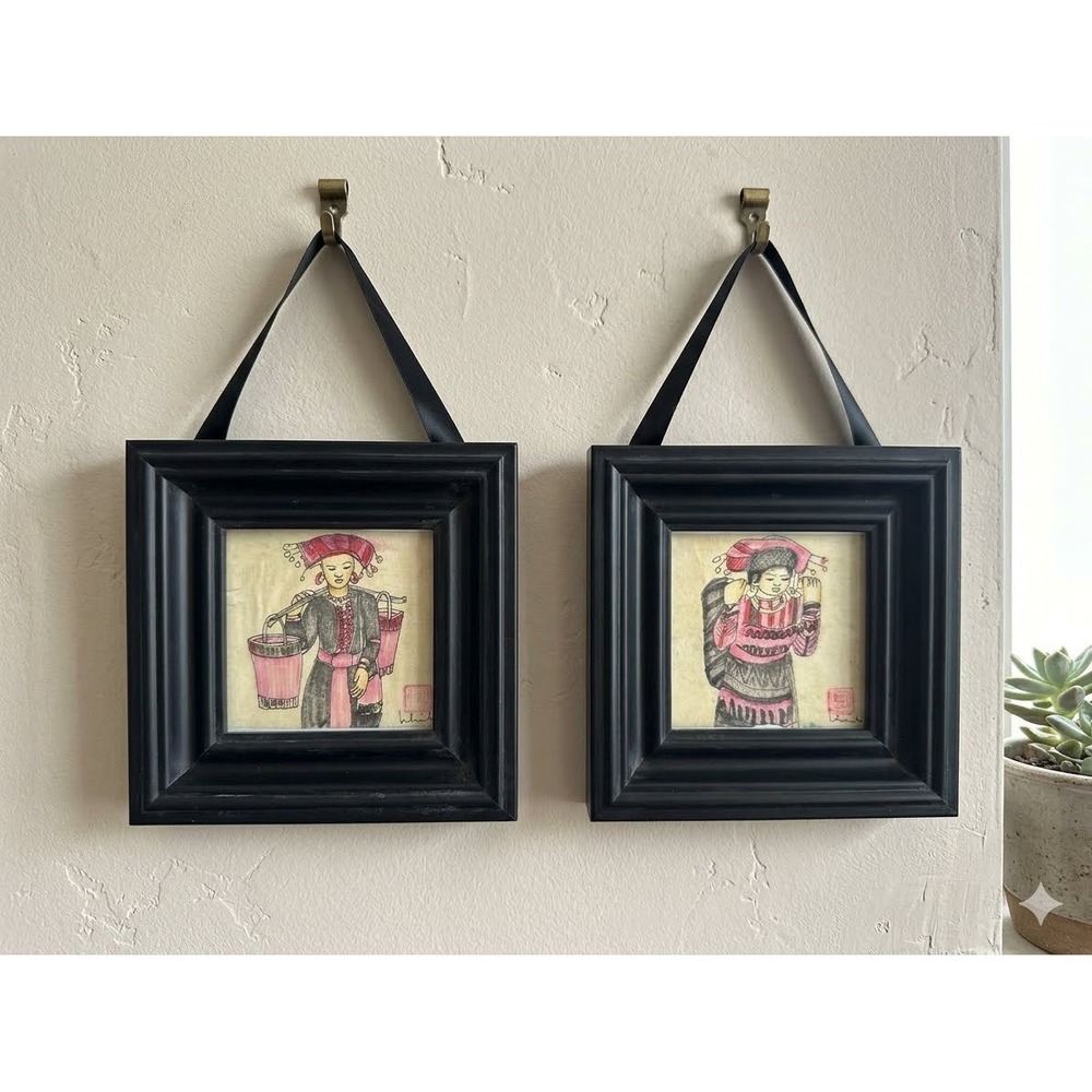 Hmong Folk Art Framed Paintings Set - Vintage Asian Watercolor